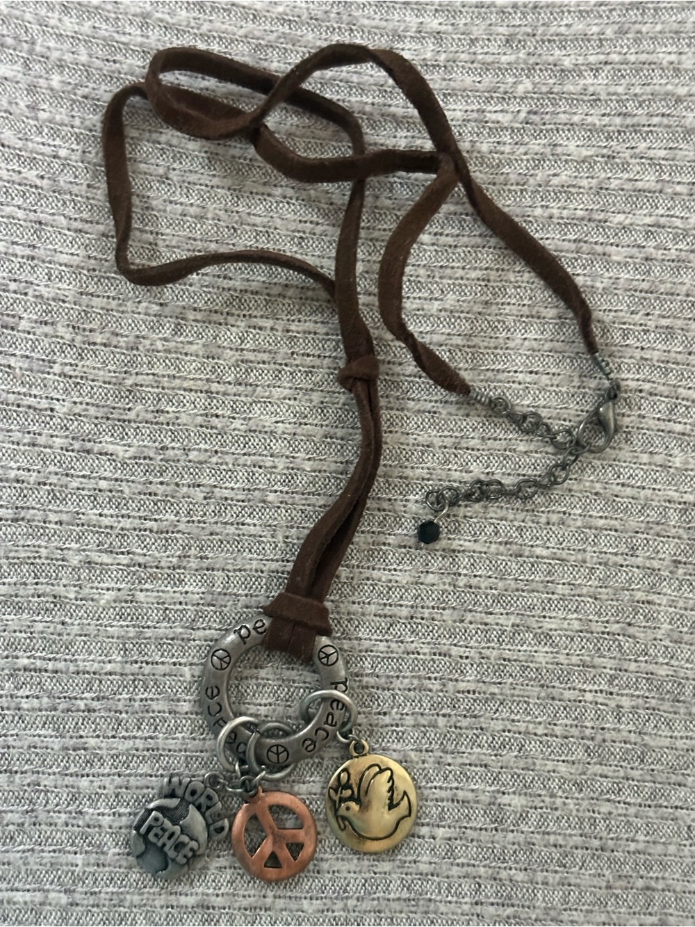Silver, gold and copper tone adjustable chain brown leather necklace
